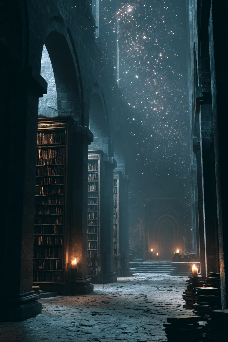 An ancient library floating in a cosmic nebula