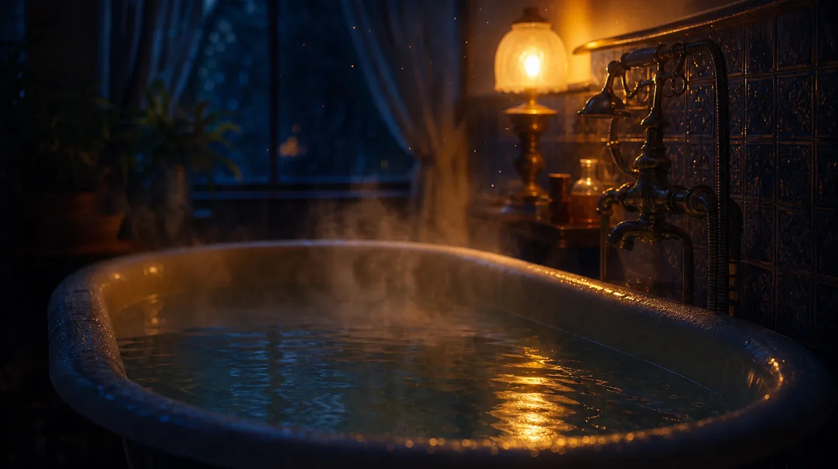Steam gently rises from a claw-foot bathtub filled with warm water, reflecting the soft glow of a nearby lamp