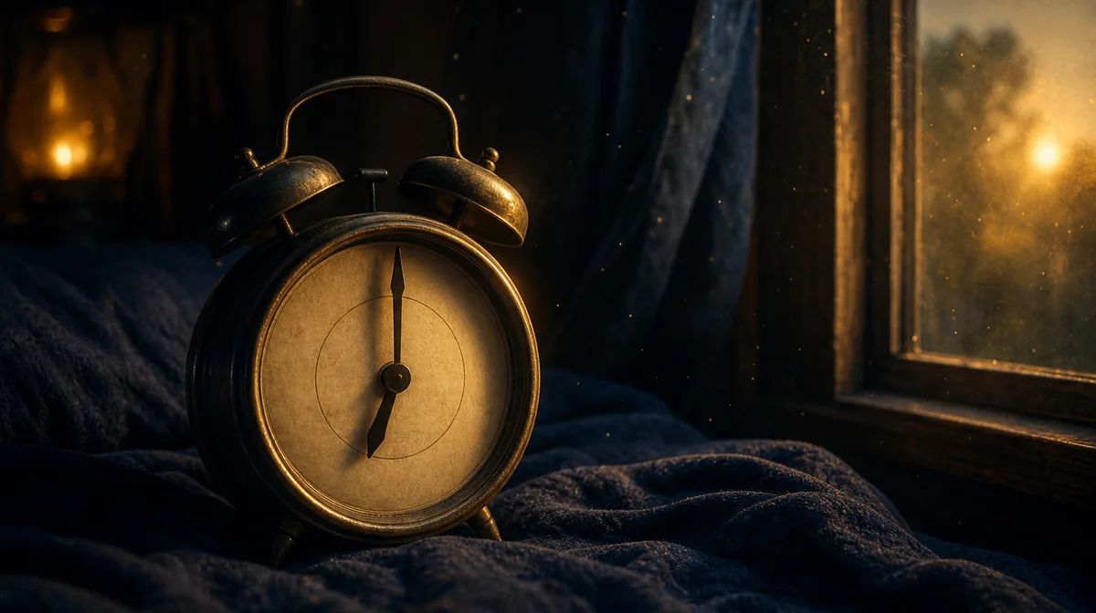 A warmly lit, close-up view shows a vintage alarm clock displaying 6:00 AM, resting on a plush, dark blue blanket beside a half-open window revealing 
