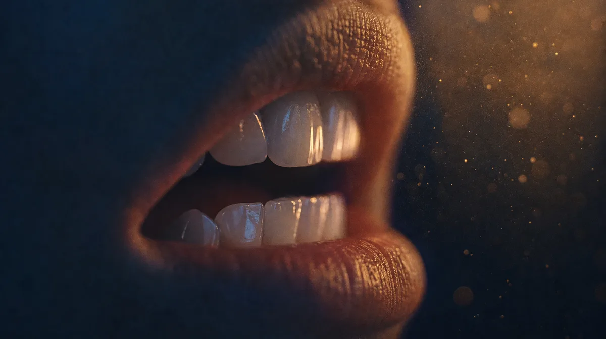 A close-up showcases a set of pearly white teeth, slightly ajar, gently illuminated by soft light