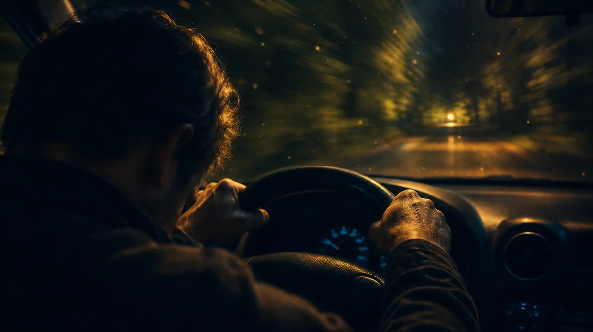A driver’s hands grip the steering wheel, knuckles white