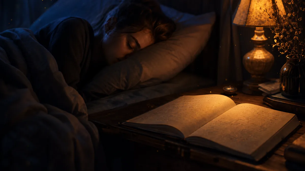 A young woman, viewed from the side, lies asleep in bed, her face partially obscured by a pillow