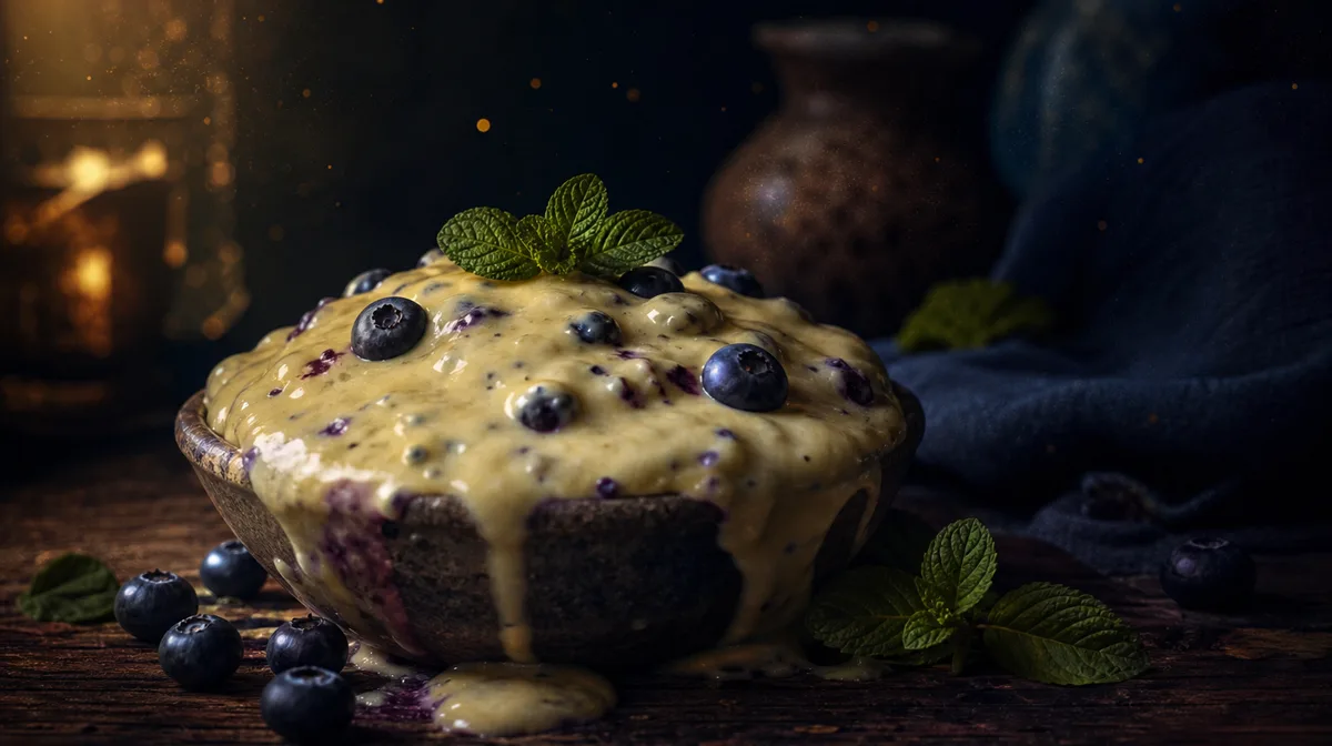 A shallow, earthenware bowl overflows with a creamy, pale yellow smoothie, flecked with dark purple blueberries and a sprig of fresh mint, sitting on 