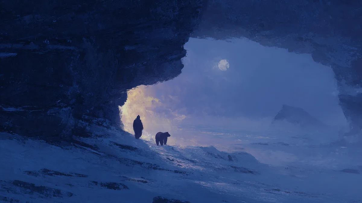 Bear hibernates while human watches from snowy cave entrance