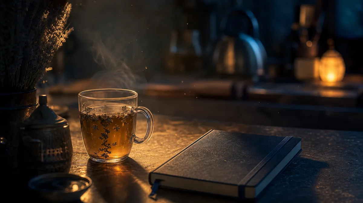 Sunlight streams across a warmly lit kitchen counter, illuminating a steaming mug of herbal tea beside a closed notebook displaying a handwritten calc
