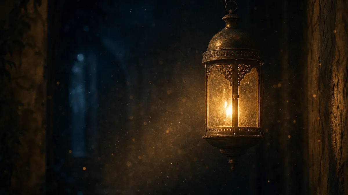 A single, softly lit, antique brass lantern hangs suspended, its warm glow illuminating swirling, diffuse patterns of dust motes suspended in the air,