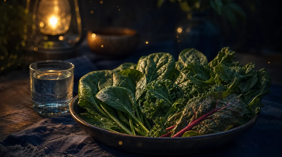 A shallow dish holds a scattering of raw, green magnesium-rich leafy vegetables—spinach, kale, and chard—arranged artfully beside a small glass of wat