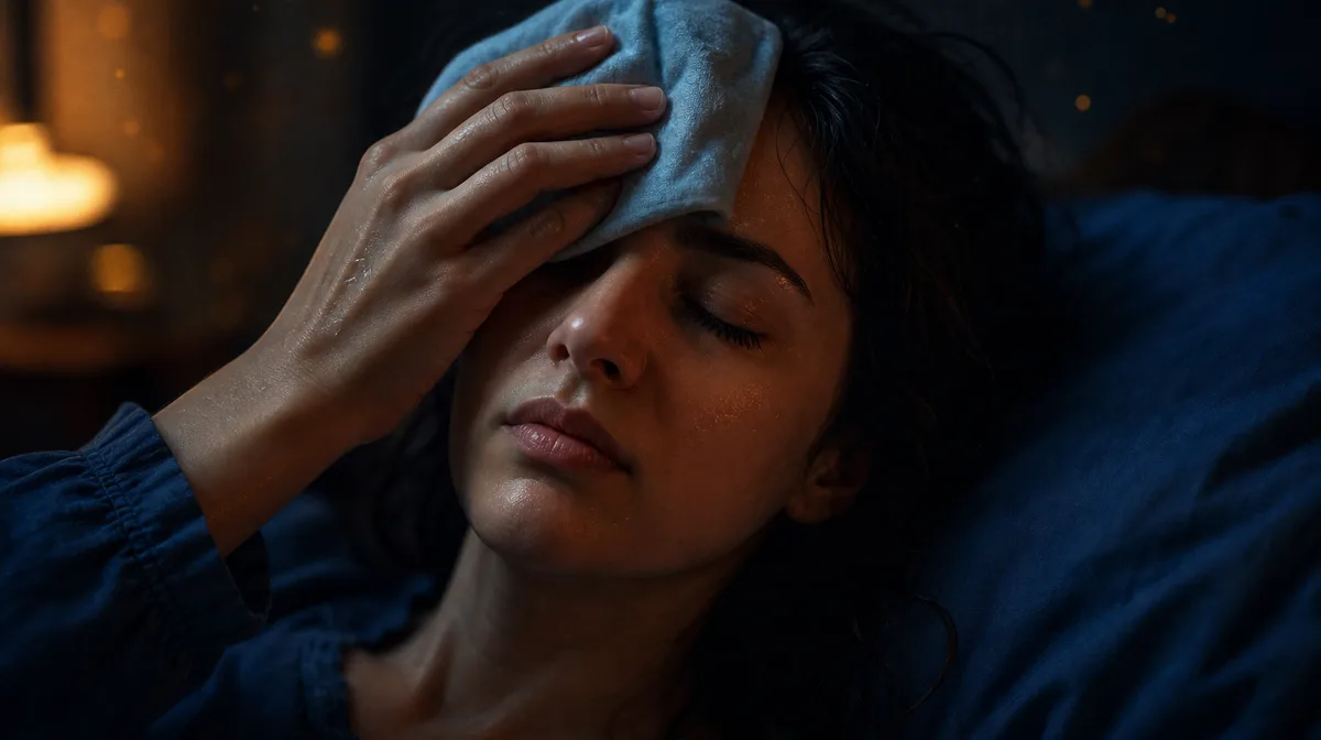 A close-up reveals a woman's hand gently holding a cool, damp cloth against her forehead, illuminated by soft, diffused light suggesting a moment of q