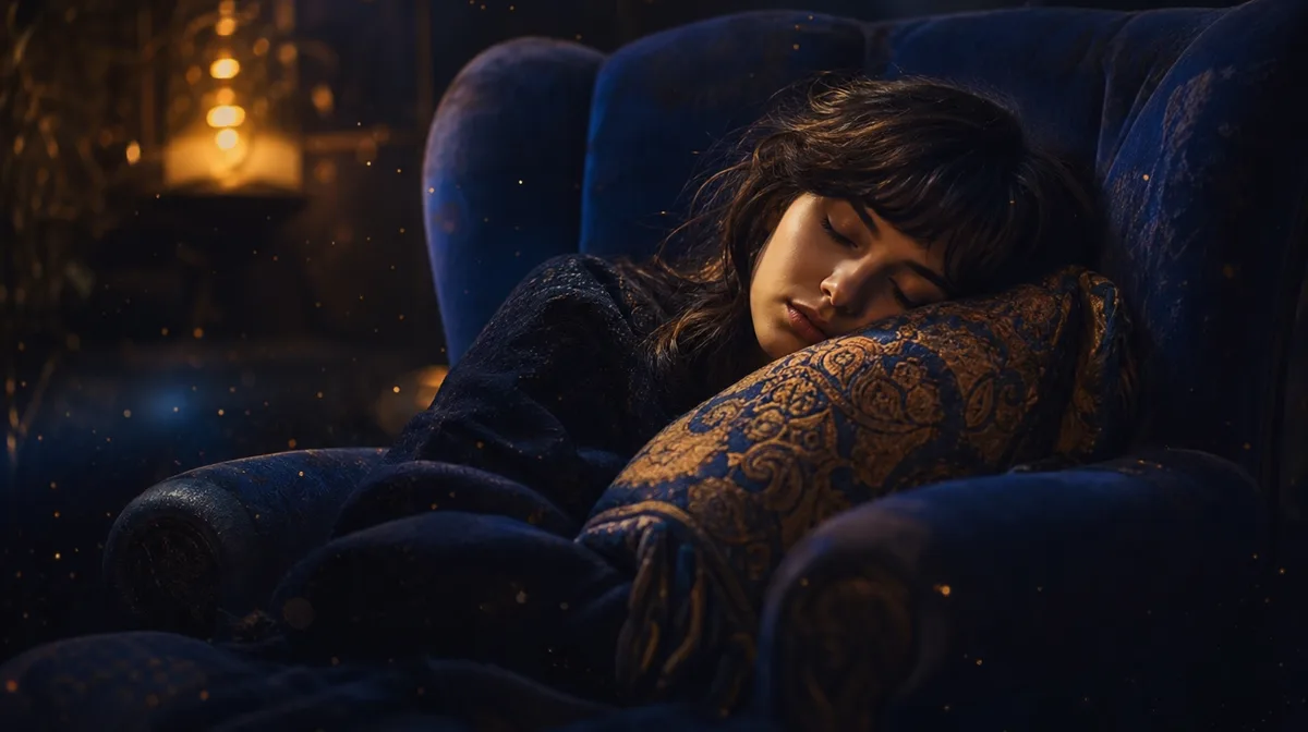 A person’s head gently rests on a plush, patterned cushion, their dark hair falling forward as they appear to be peacefully dozing in a softly lit, co