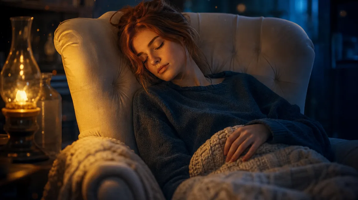 A young woman with auburn hair rests peacefully on a plush, cream-colored armchair, her head tilted gently against the back, a soft blanket draped acr