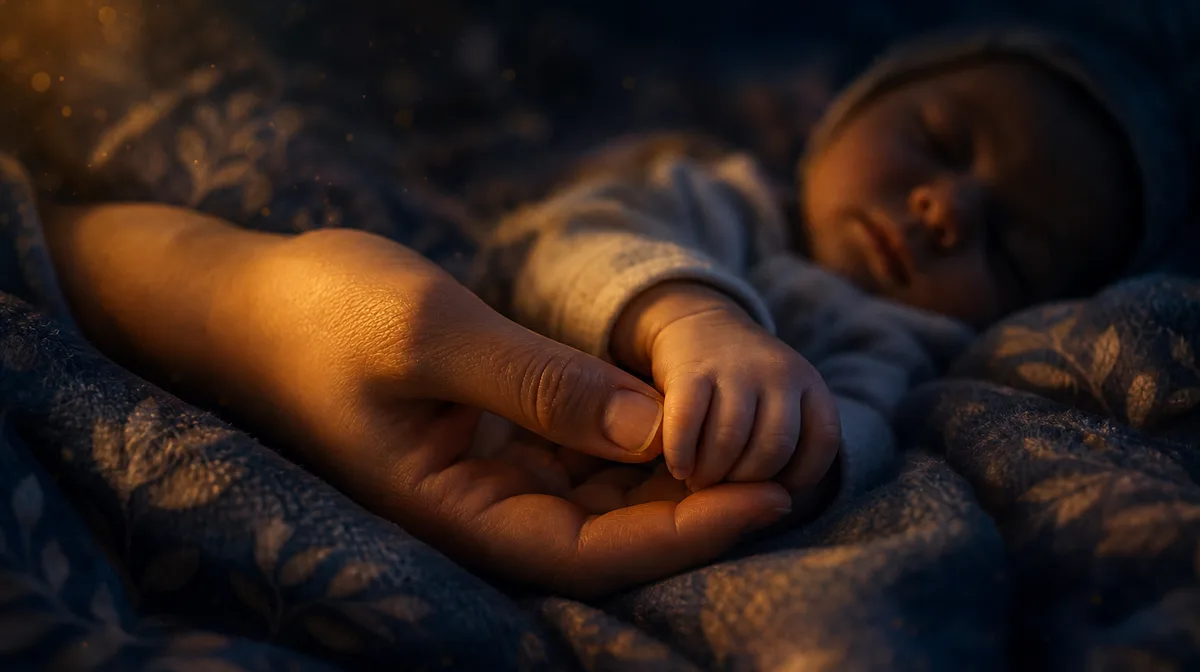 A softly lit, close-up photograph reveals a baby's tiny hand gently grasping a mother’s finger, both resting on a plush, patterned blanket, suggesting