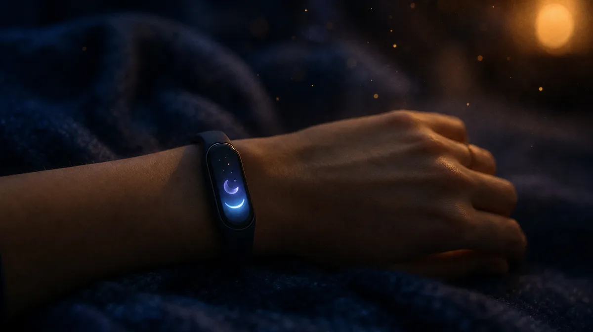 A slender wrist, adorned with a sleek fitness tracker, rests gently on a plush, dark blue blanket, subtly illuminated by the device's soft, glowing di