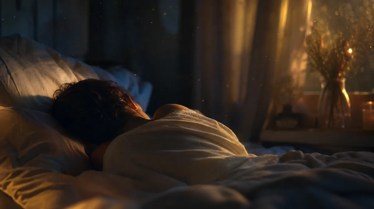 A person lies peacefully on their side, partially obscured by a soft, cream-colored blanket, their face relaxed and turned away from the camera in a s