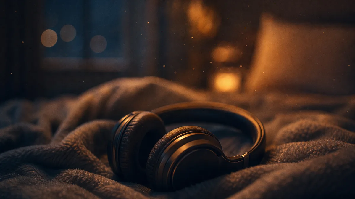 Softly blurred, a pair of headphones rests on a plush, dove-grey blanket, subtly illuminated by a warm, diffused light, suggesting a peaceful and calm