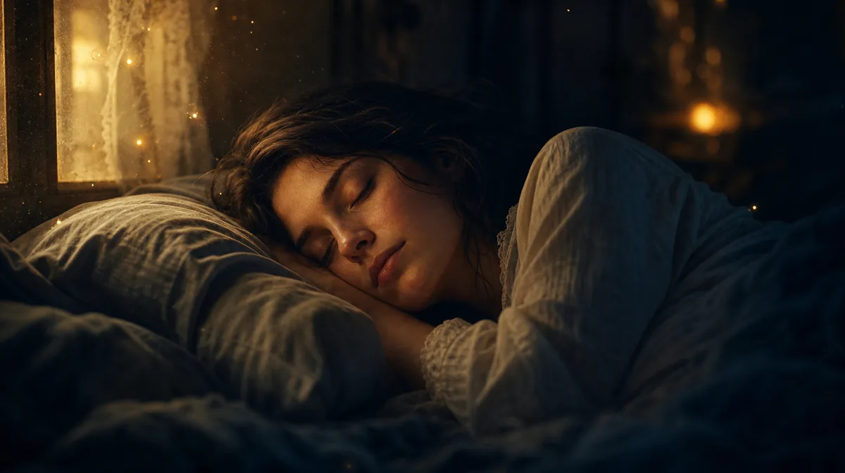 A sleeping woman rests peacefully on her side, her face tilted towards a softly lit window, a gentle expression suggesting a dreamscape unfolding behi