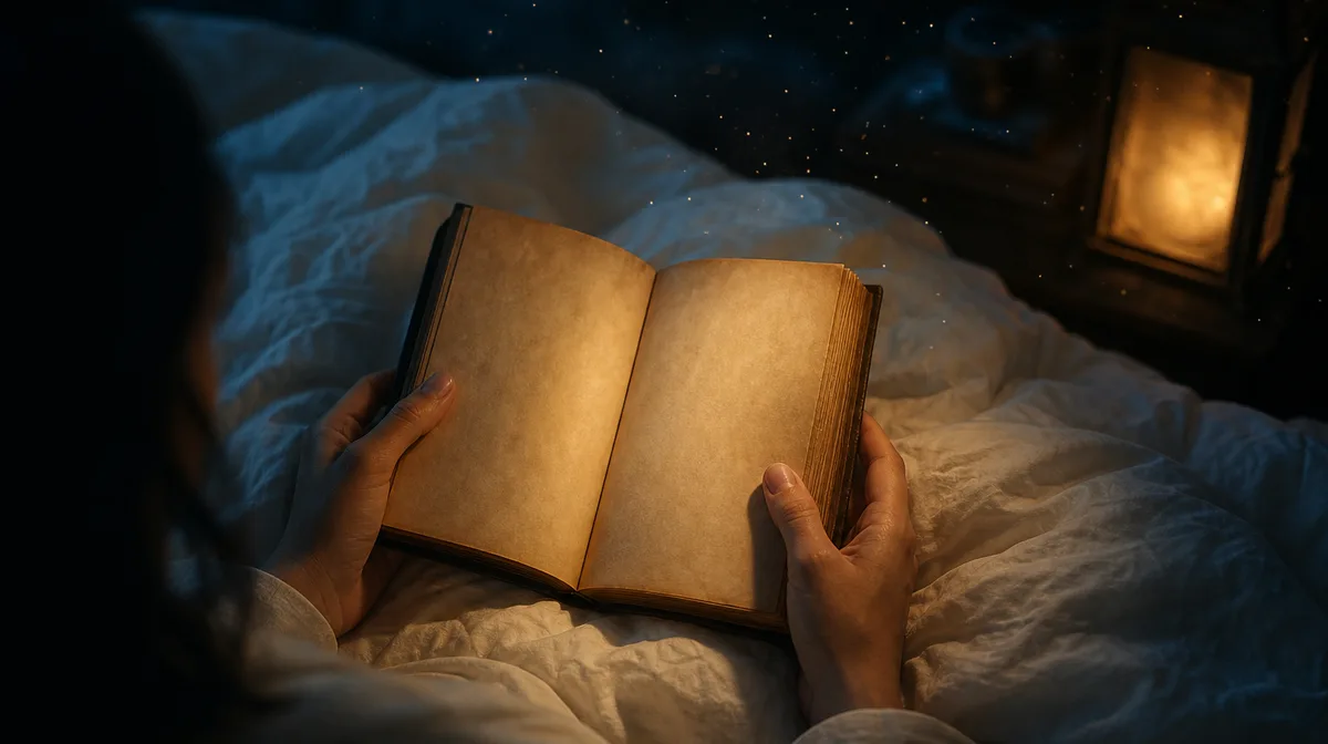 Soft light illuminates the open pages of a well-worn novel held gently in two hands, resting on a crisp white linen duvet, suggesting a peaceful momen