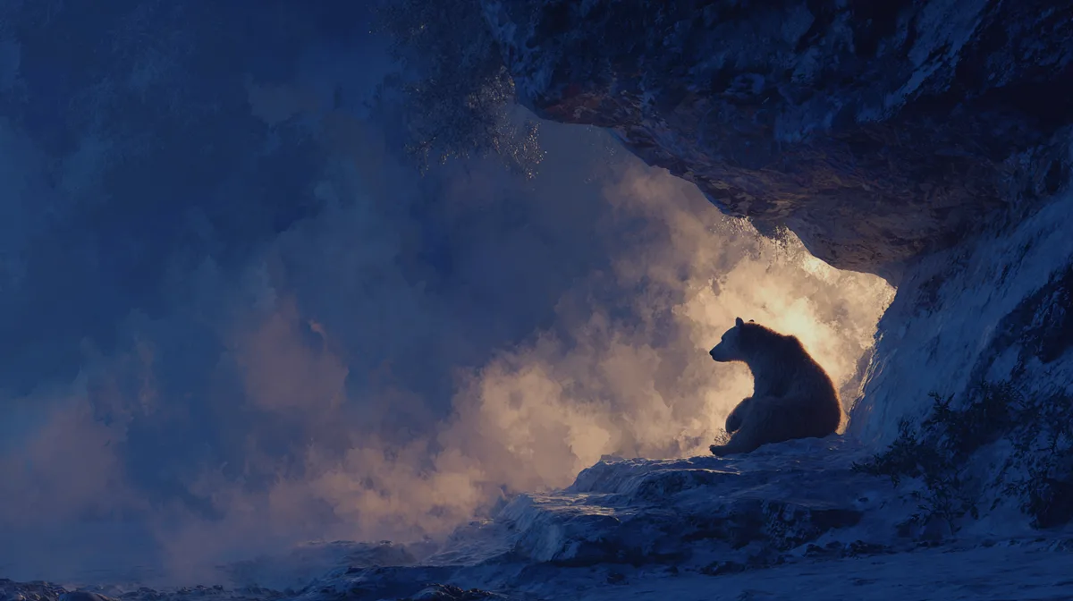 Bear hibernates while human watches from snowy cave entrance