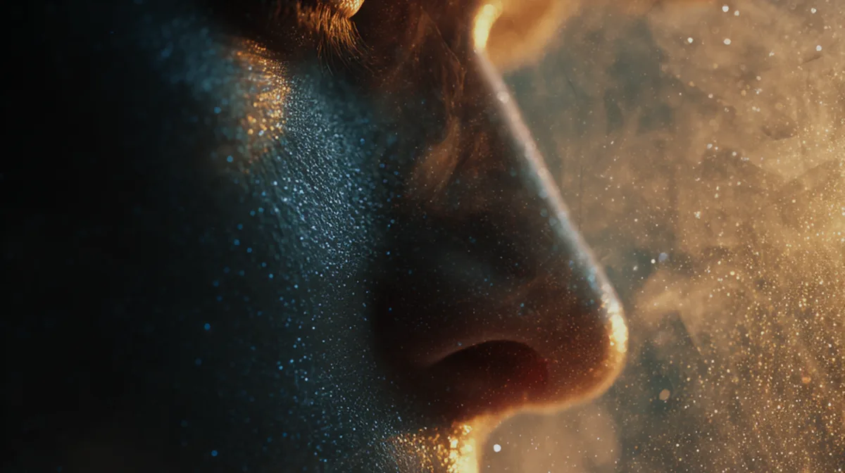 Woman sleeping peacefully in cosmic starfield dark moody atmo