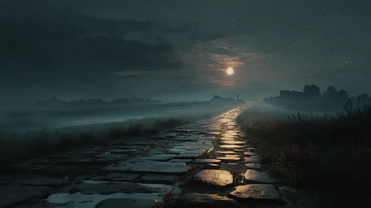 Road winding under moonlight ancient stones reflect starlight