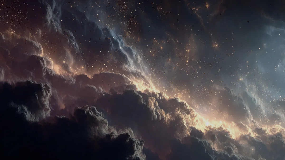 Nebula gas clouds swirl in darkness with golden stars dark mo