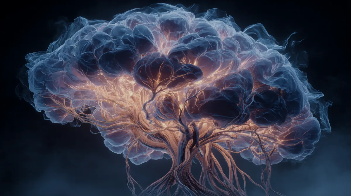 Sleeping brain entwined with dark roots in twilight dark mood