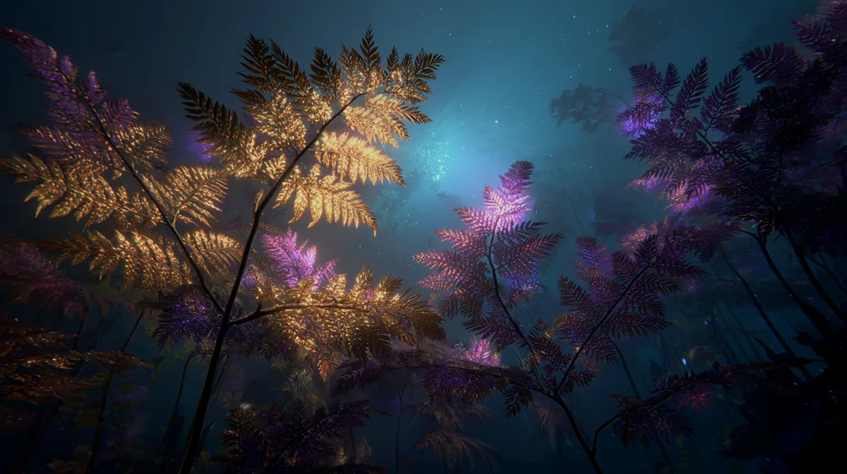 Submerged forest glows with bioluminescent plants at night da
