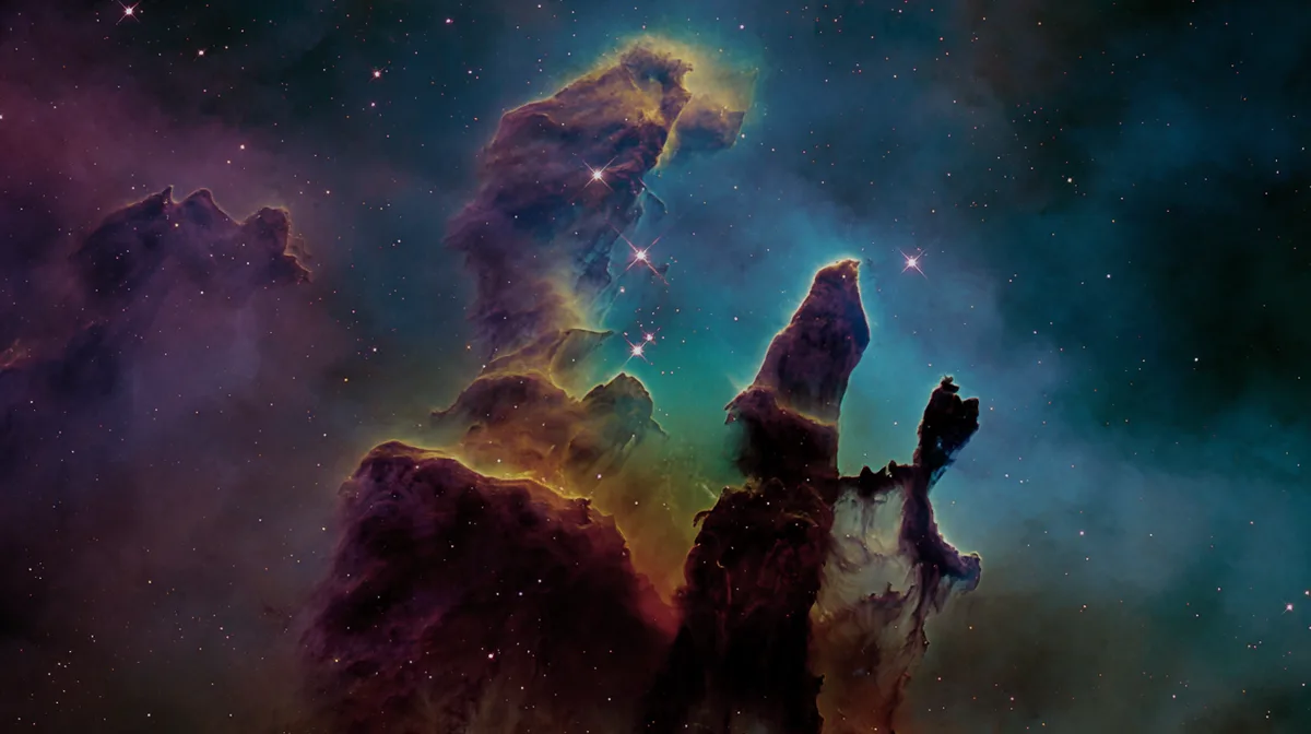 Dark multi colored space nebular pillars of creation and floa
