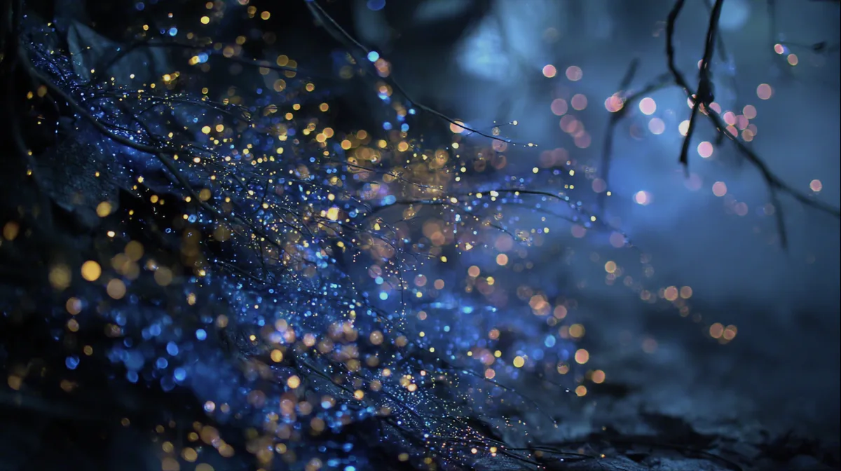 Bioluminescent forest glows dark blue lights with faint gold
