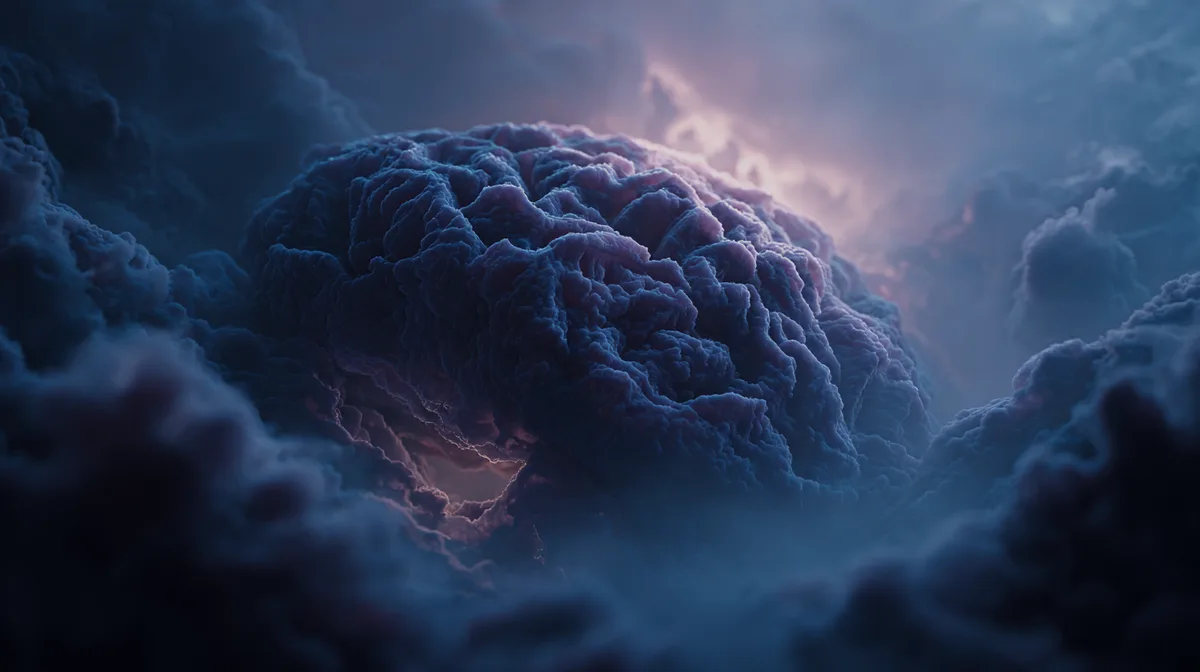 Sleeping brain entwined with dark roots in twilight dark mood