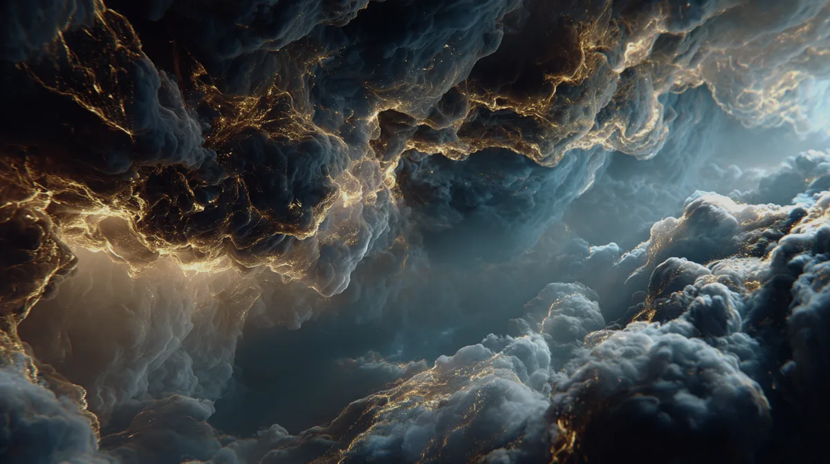 Nebula swirls with golden consciousness threads dark moody at