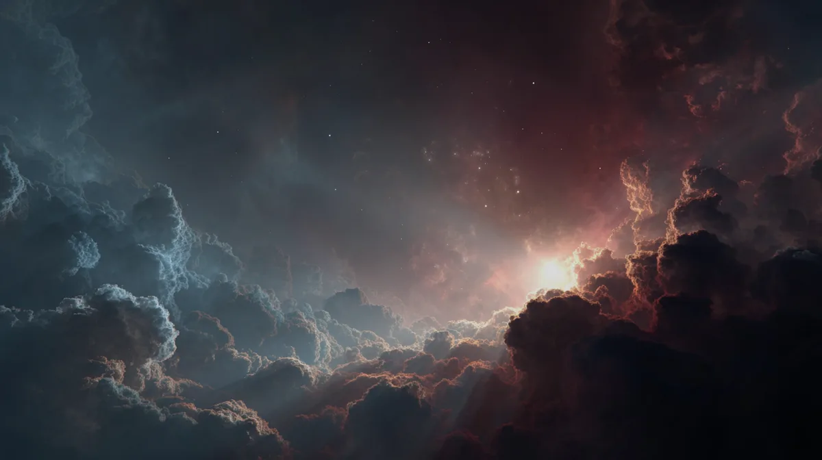 Red hydrogen glow envelopes newborn stars emerging shadows da