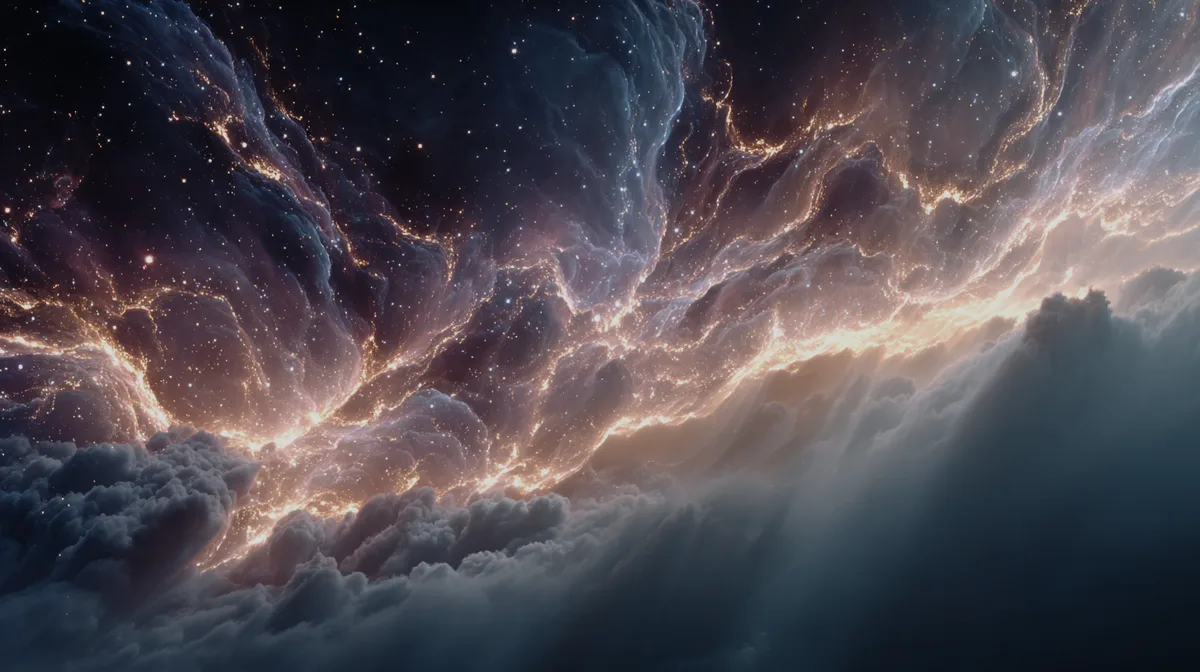 Nebula core glows with plasma swirls and gold filaments dark