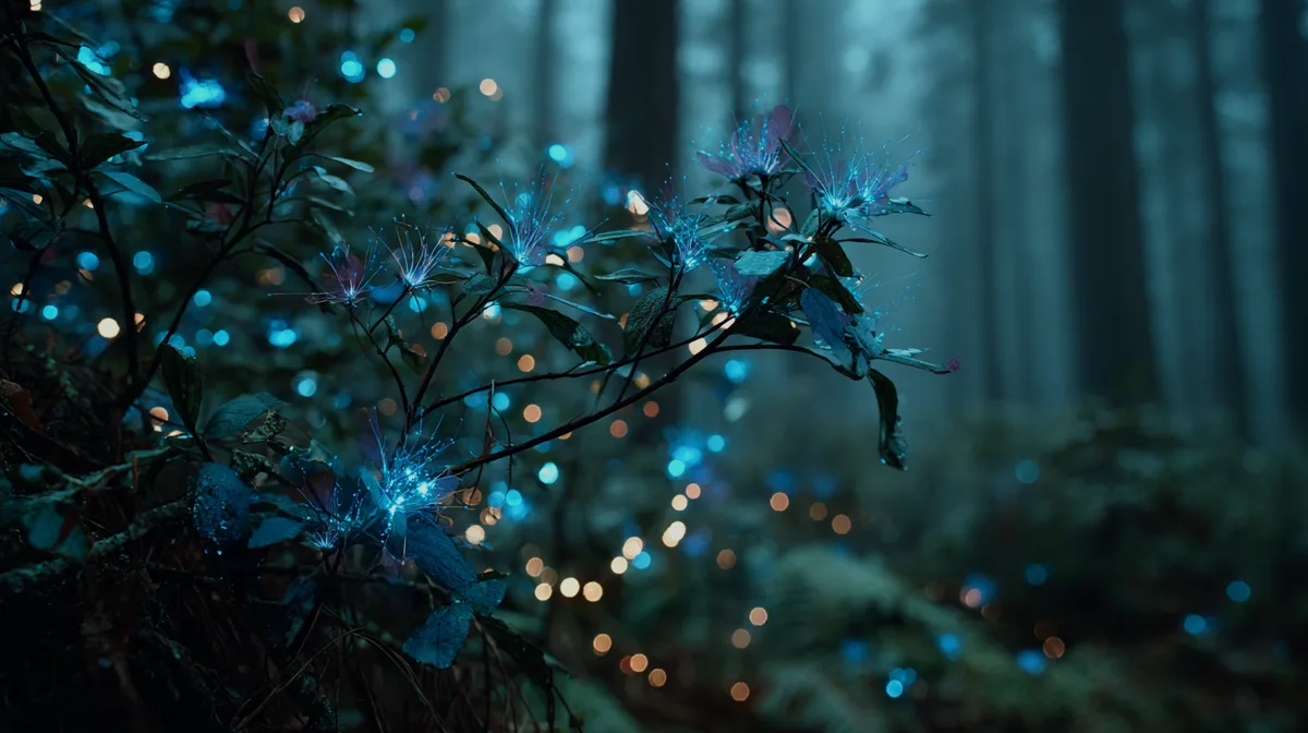 Bioluminescent forest glows dark blue lights with faint gold