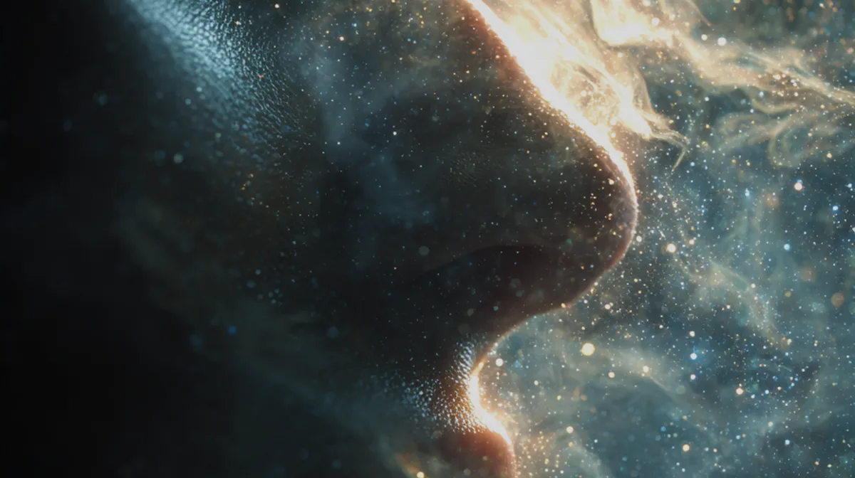 Woman sleeping peacefully in cosmic starfield dark moody atmo