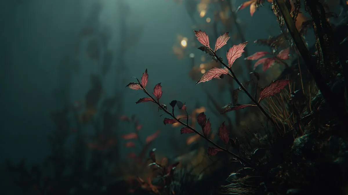 Deep sea forest shadows dance with bioluminescent plants floa