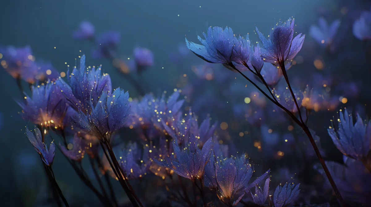 Submerged forest glows with bioluminescent plants at night da