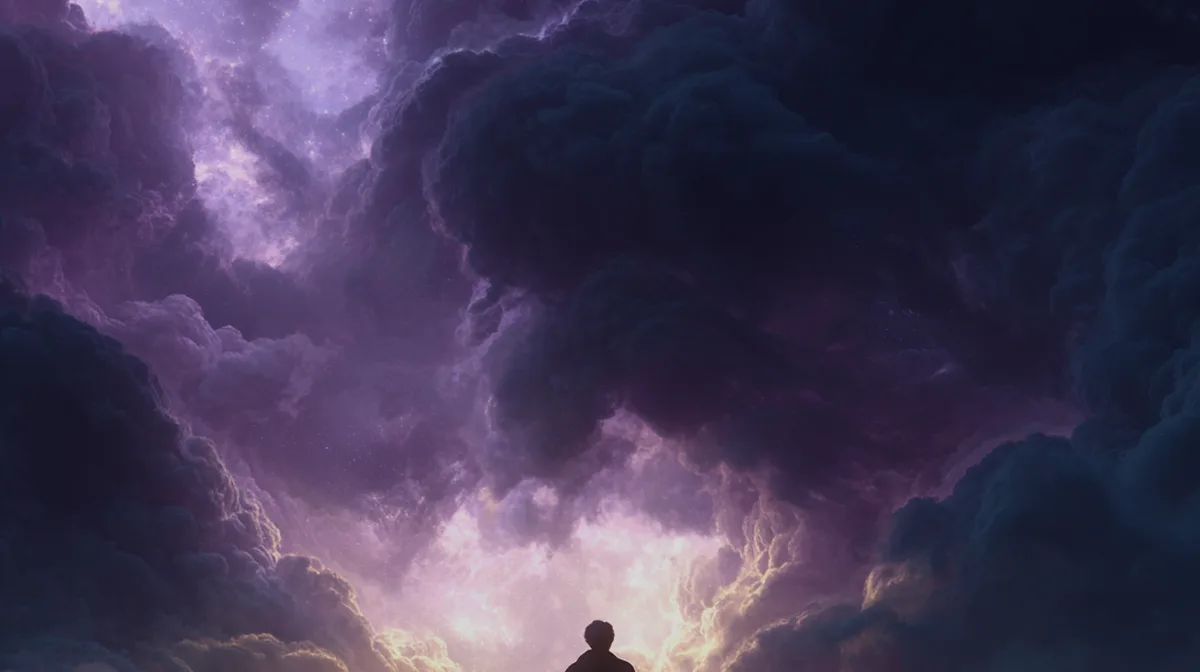 Professor silhouette against purple nebula dark moody atmosph