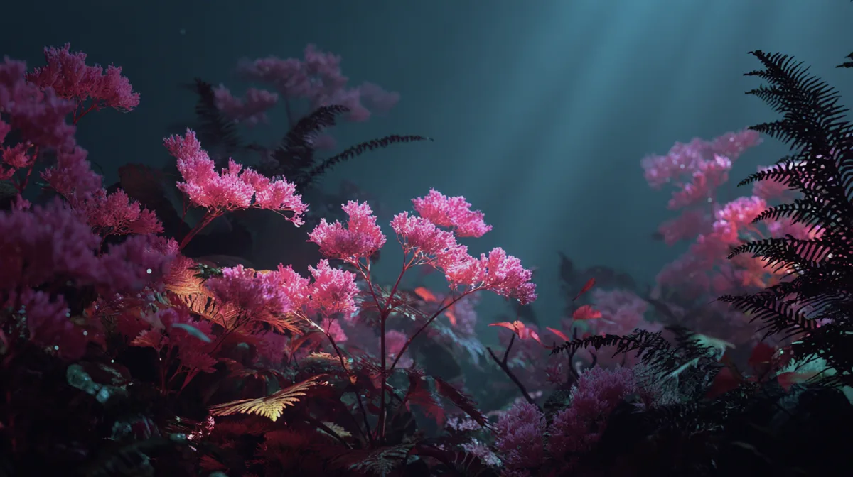 Deep sea forest shadows dance with bioluminescent plants floa
