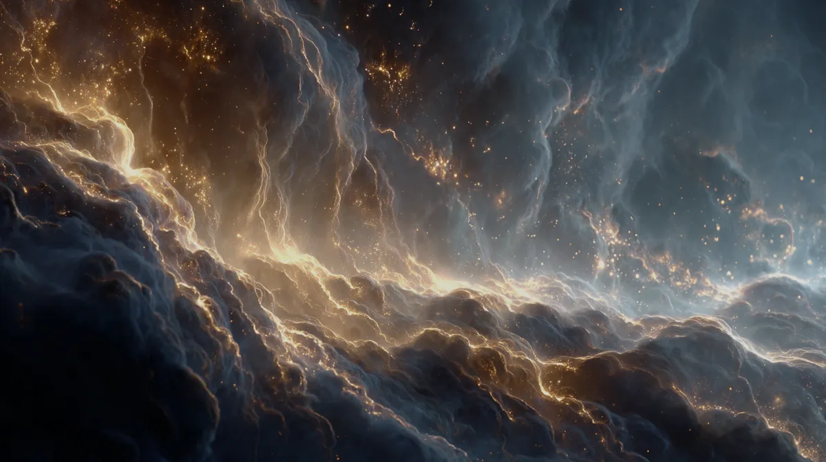 Nebula swirls with golden consciousness threads dark moody at