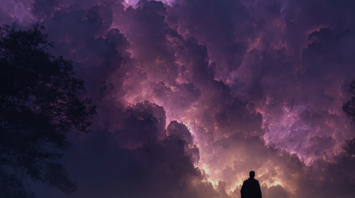 Professor silhouette against purple nebula dark moody atmosph