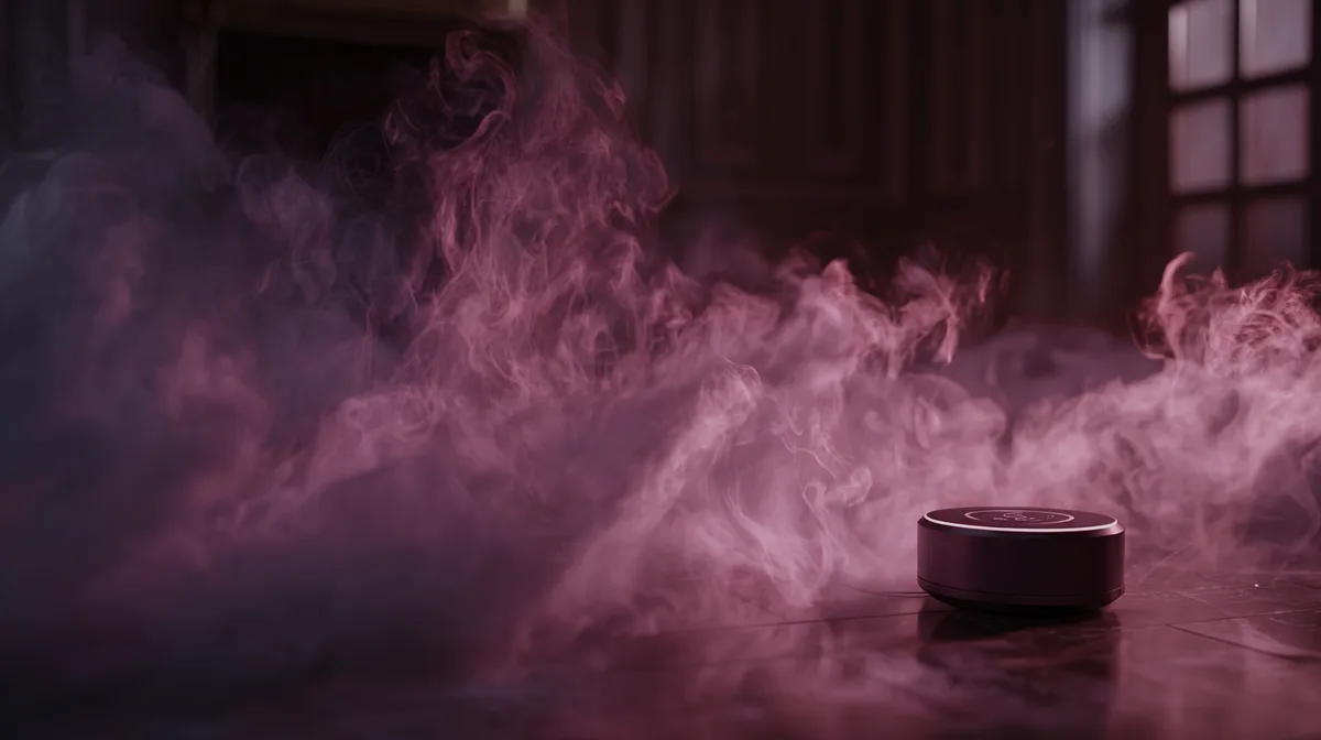 Smoke curls around invisible alarm sensors in dim purple room