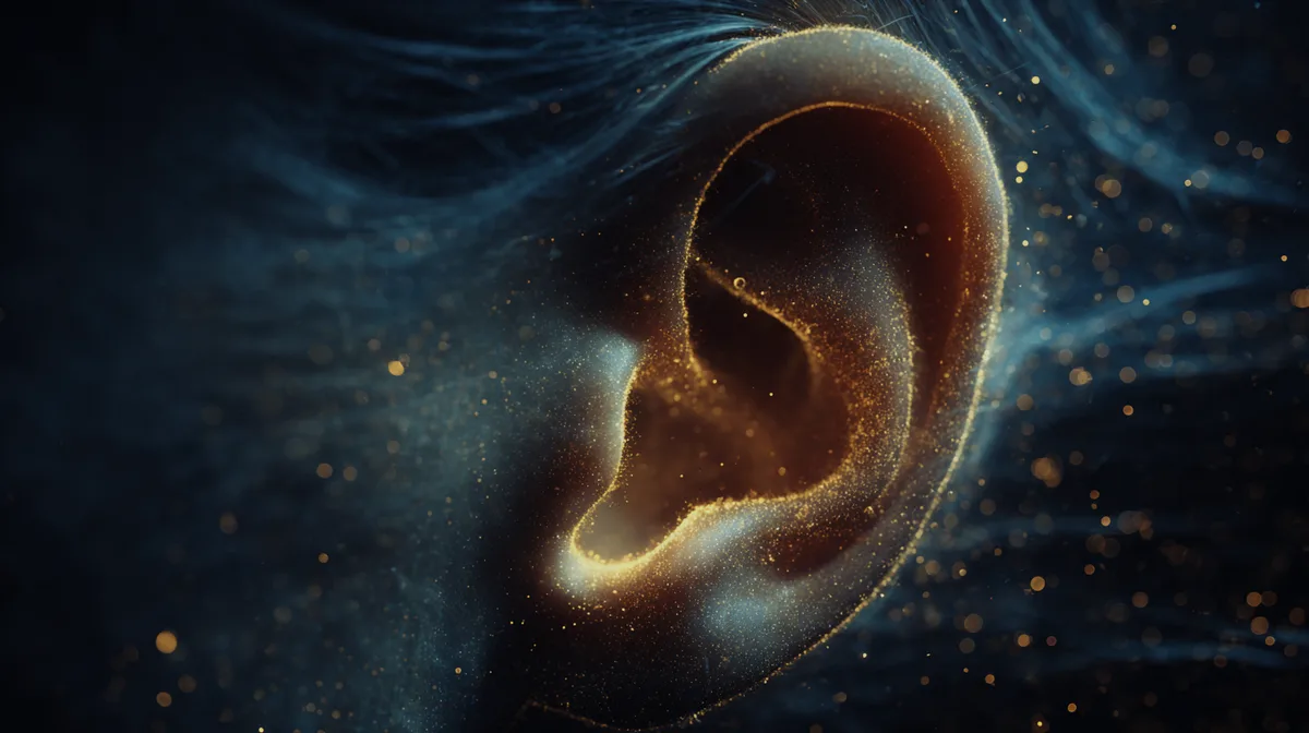Ears spiral deep blue soundwaves glow gold dark moody atmosph
