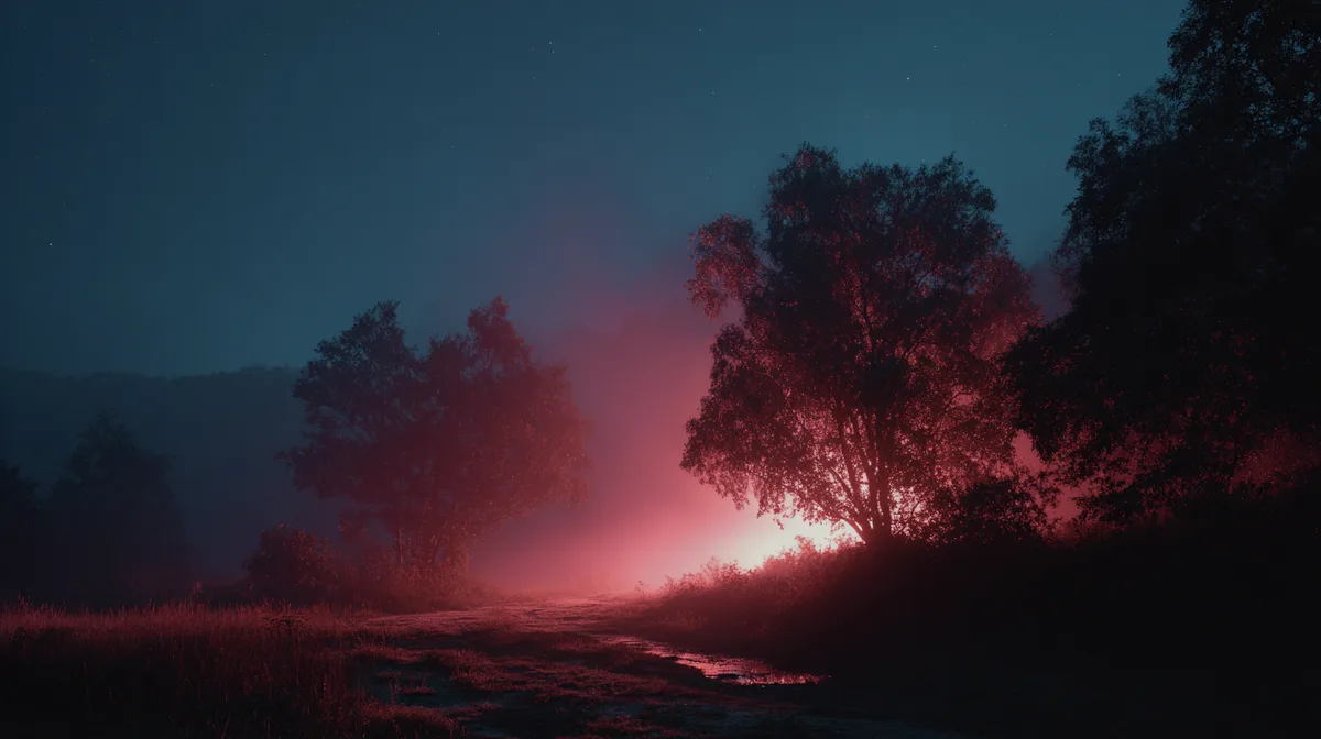 Red hydrogen glow envelopes newborn stars emerging shadows da
