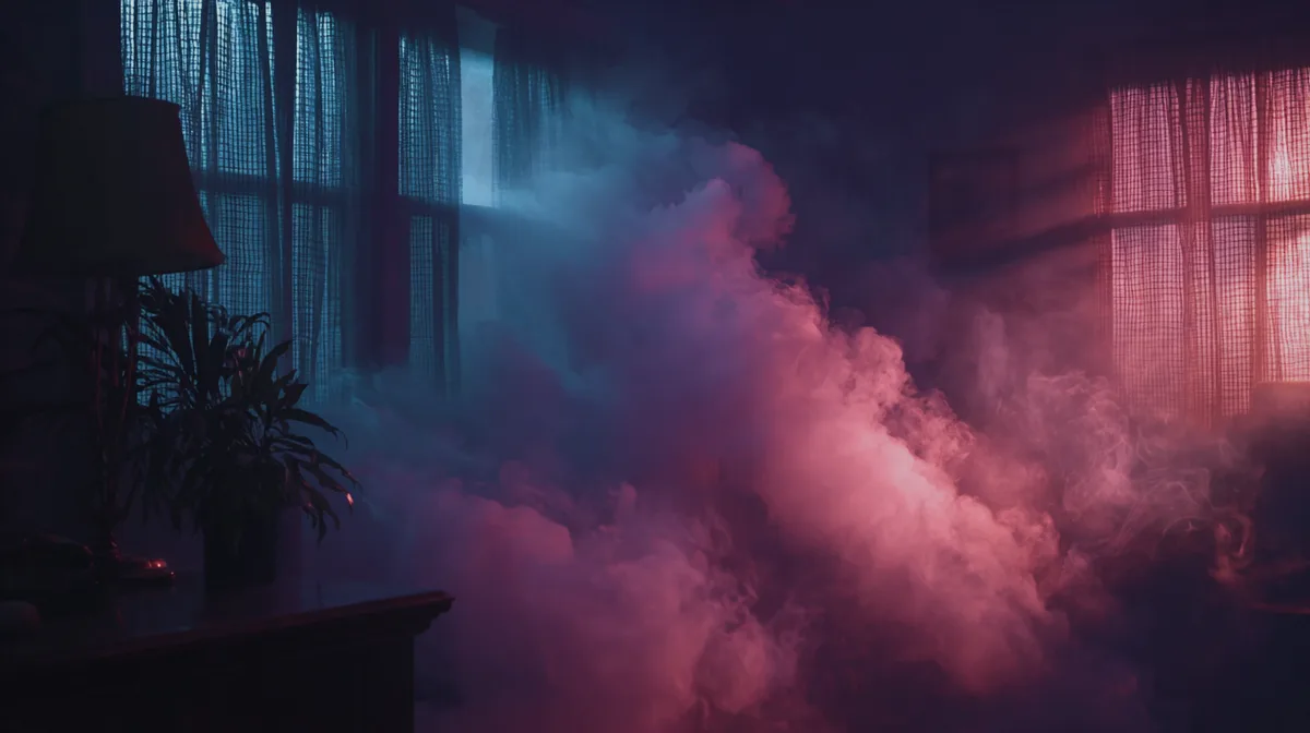 Smoke curls around invisible alarm sensors in dim purple room
