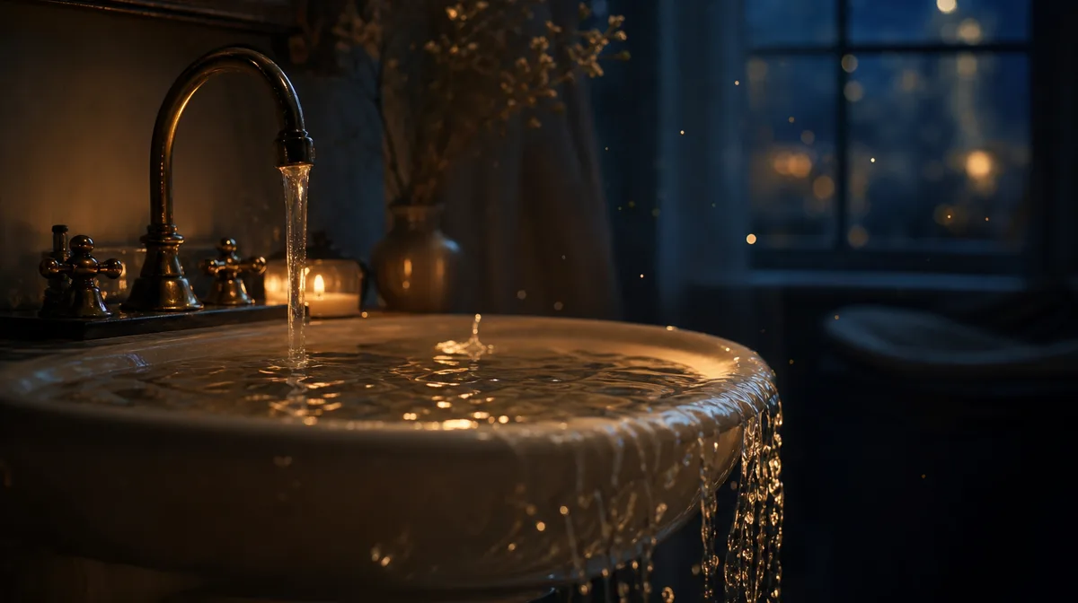 A softly lit, porcelain-white ceramic bathroom sink overflows with warm, clear water, reflecting the faint glow of a distant window and hinting at a q