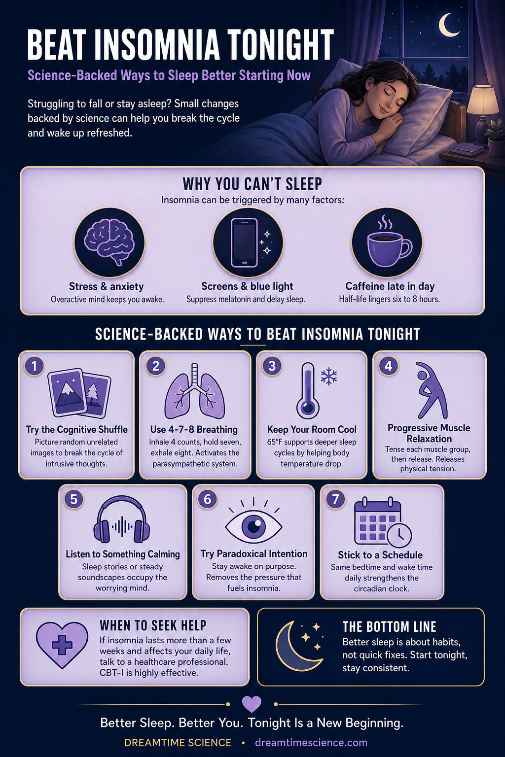 Pinterest-style infographic listing 7 science-backed techniques to beat insomnia, including the cognitive shuffle, 4-7-8 breathing, and a cool bedroom.