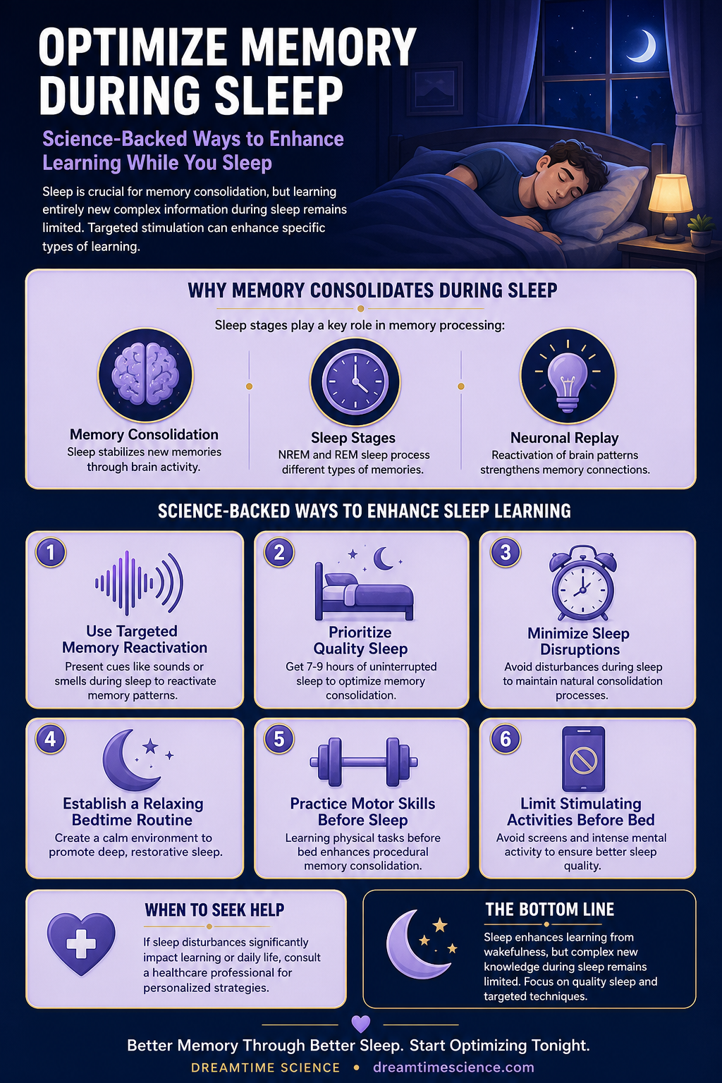 Pinterest-style infographic listing 6 science-backed techniques to optimize memory consolidation during sleep, including targeted memory reactivation and quality sleep practices.