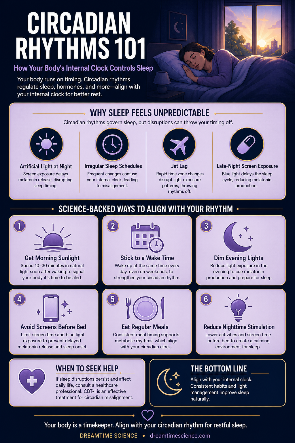 Pinterest-style infographic listing 6 science-backed techniques to align with circadian rhythms, including morning sunlight, consistent wake times, and reduced evening light exposure.