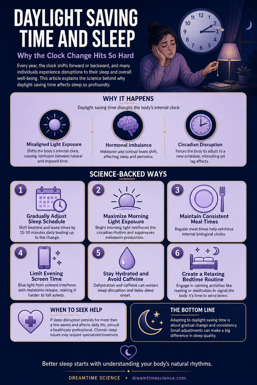 Pinterest-style infographic listing 6 science-backed techniques to minimize sleep disruption during daylight saving time, including gradual schedule adjustments and limiting evening screen time.