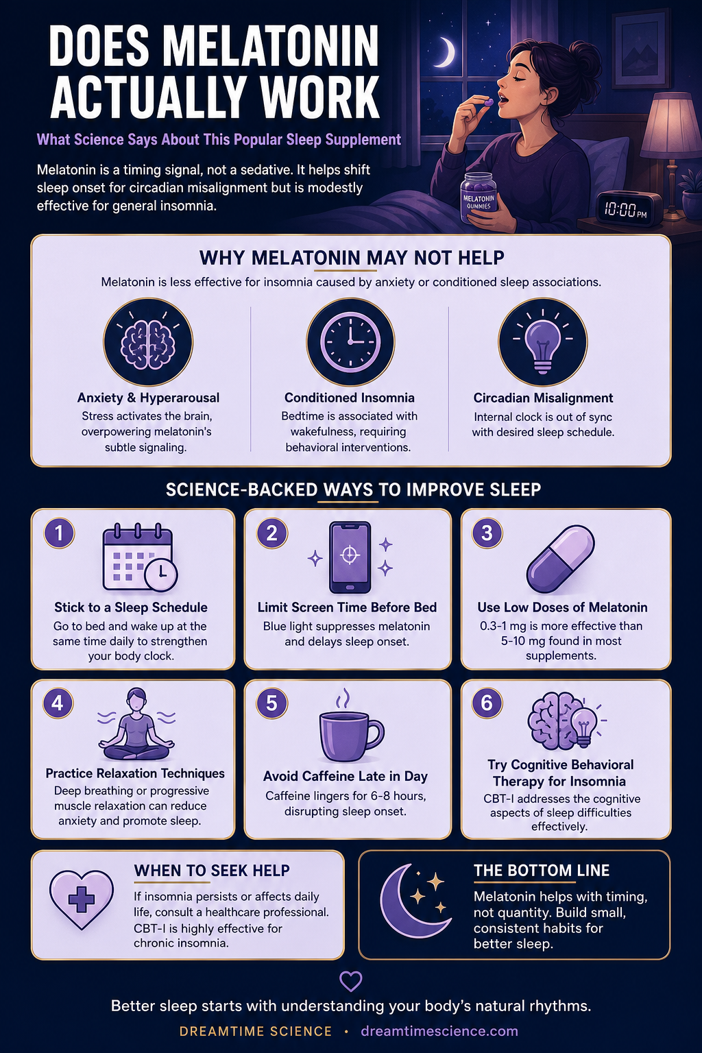 Pinterest-style infographic listing 6 science-backed techniques to improve sleep, including melatonin use, sleep schedules, and CBT-I.